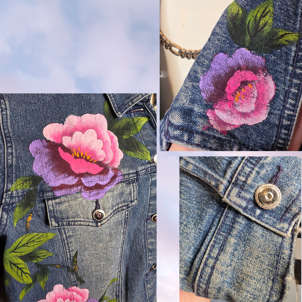Vintage 1of1 Unique Hand Painted Roses Floral Pink Purple Peony Denim Jacket XL - Picture 5 of 6